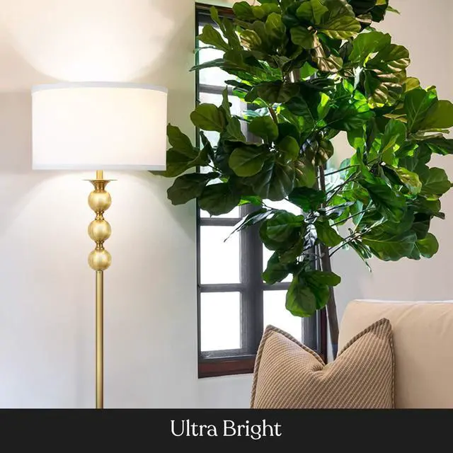 Alt view image 3 of 7 - Brightech Riley LED Floor lamp, Boho Lamp for Living Rooms & Offices, Great Living Room Décor, Mid-Century Standing Lamp for Bedroom Reading, Tall Lamp with Drum Shade - Gold/Brass