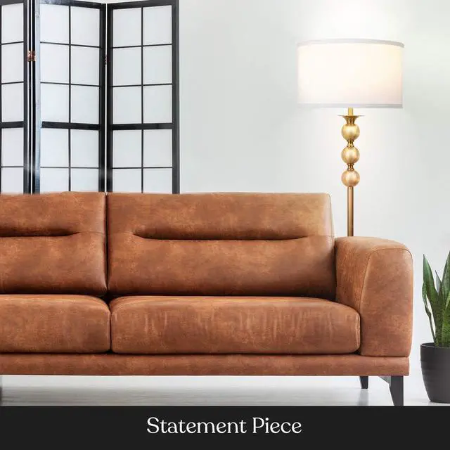 Alt view image 5 of 7 - Brightech Riley LED Floor lamp, Boho Lamp for Living Rooms & Offices, Great Living Room Décor, Mid-Century Standing Lamp for Bedroom Reading, Tall Lamp with Drum Shade - Gold/Brass