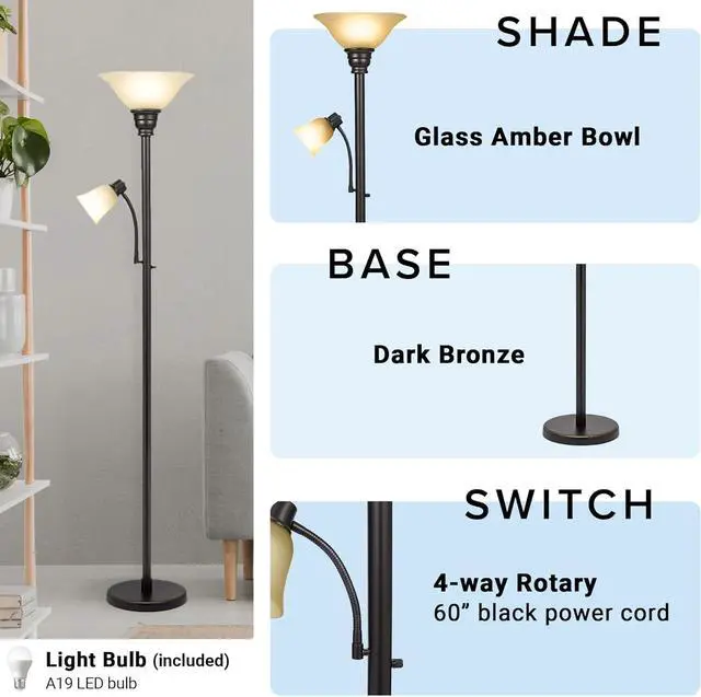 Alt view image 3 of 7 - Catalina Lighting 18223-002 Transitional Uplight Floor Lamp with Reading Light, Standing Lamp, Living Room Light, LED Bulb NOT Included,71", Dark Bronze