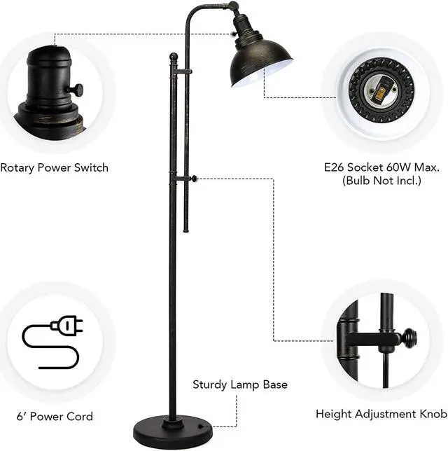 Alt view image 5 of 7 - VONLUCE Floor Lamp, 65'' Tall Industrial Floor Lamp, Adjustable Height & Head Vintage Metal Standing Reading Pole Lamp, Floor Lamps for Living Room, Bedroom, Office, Farmhouse