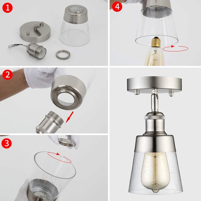 Alt view image 5 of 7 - Fivess Lighting Modern Glass Flush Mount Light Fixture Mini Clear Seeded Glass Shade Semi Flush Mount Ceiling Light for Hallway Living Room Bedroom Kitchen Entryway, Brushed Nickel