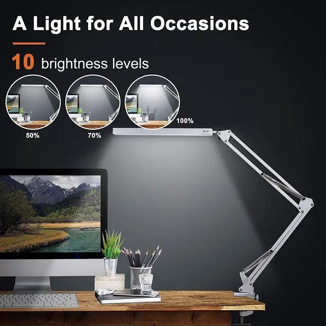 Alt view image 3 of 7 - LED Desk Lamp, Manicure Table Lamp, 16" Lamp Head, Dimmable Eye-Caring Drafting Light with 3 Color Modes, 10 Brightness Levels & Adapter, Memory Function(White)