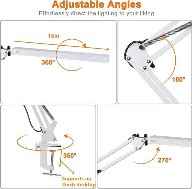 Alt view image 5 of 7 - LED Desk Lamp, Manicure Table Lamp, 16" Lamp Head, Dimmable Eye-Caring Drafting Light with 3 Color Modes, 10 Brightness Levels & Adapter, Memory Function(White)