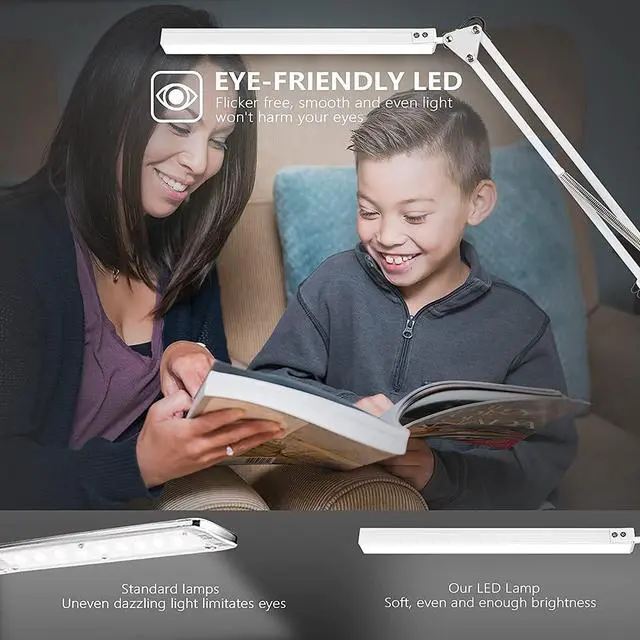 Alt view image 7 of 7 - LED Desk Lamp, Manicure Table Lamp, 16" Lamp Head, Dimmable Eye-Caring Drafting Light with 3 Color Modes, 10 Brightness Levels & Adapter, Memory Function(White)