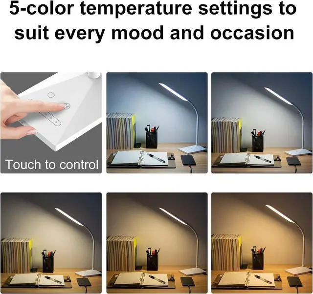 Alt view image 5 of 7 - RAOYI LED Desk Lamp, 12W Dimmable Table Lamp Eye-Caring Reading Light with USB Charging Port Touch Control 5 Color Modes 6-Level Brightness Adjustable for Office Home Bedroom (White)