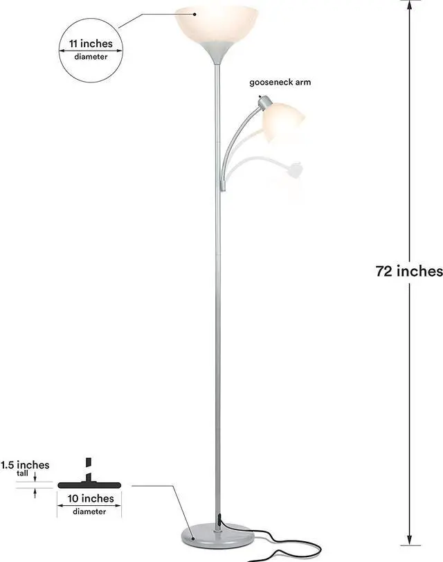 Alt view image 2 of 7 - Brightech Sky Dome Plus LED Floor lamp, Torchiere Super Bright Floor Lamp with Reading Lamp for Living Rooms & Offices - Dimmable Tall Standing Lamp for Bedroom Reading - Silver
