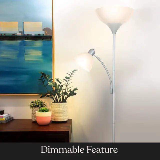 Alt view image 5 of 7 - Brightech Sky Dome Plus LED Floor lamp, Torchiere Super Bright Floor Lamp with Reading Lamp for Living Rooms & Offices - Dimmable Tall Standing Lamp for Bedroom Reading - Silver
