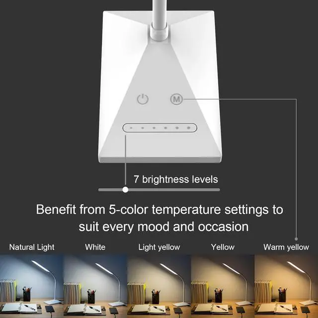 Alt view image 2 of 7 - RAOYI LED Desk Lamp, 12W Dimmable Table Lamp Eye-Caring Reading Light with USB Charging Port Touch Control 5 Color Modes 6-Level Brightness Adjustable for Office Home Bedroom (White)