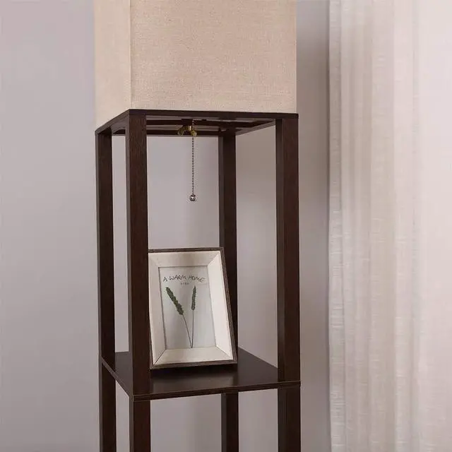 Alt view image 7 of 7 - HomeFocus - Floor Lamp with Shelves, Shelf Floor Light with LED Bulb, Modern Wood Shelf Standing Lamp, Corner Display Floor Lamp for Living Room, Bedroom, Office, Linen White Shade, Wood, Brown.