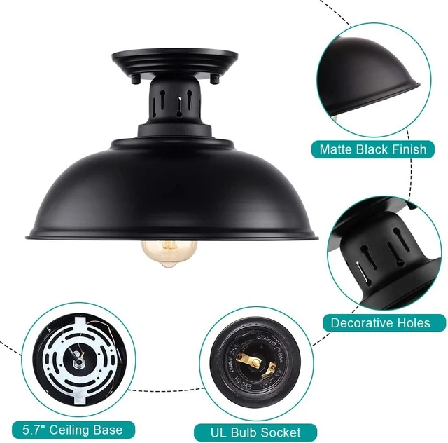 Alt view image 3 of 7 - HMVPL Semi Flush Mount Ceiling Light Fixture, Farmhouse Light Fixtures, Black Outdoor Close to Ceiling Light for Porch, Entryway, Hallway, Foyer, and Gazebo