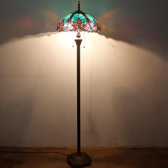 Alt view image 3 of 7 - WERFACTORY Tiffany Floor Lamp Green Brown Liaison Stained Glass Standing Reading Light 16X16X64 Inches Antique Pole Corner Lamp Decor Bedroom Living Room Home Office S160G Series