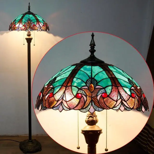 Alt view image 7 of 7 - WERFACTORY Tiffany Floor Lamp Green Brown Liaison Stained Glass Standing Reading Light 16X16X64 Inches Antique Pole Corner Lamp Decor Bedroom Living Room Home Office S160G Series