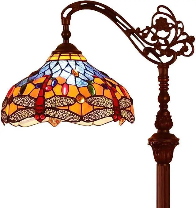 Main image of Bieye L10702 Dragonfly Tiffany Style Stained Glass Floor Reading Lamp with 12 Inch Wide Lampshade Metal Base, Adjustable Light Direction, 62 inch Tall, Blue Orange