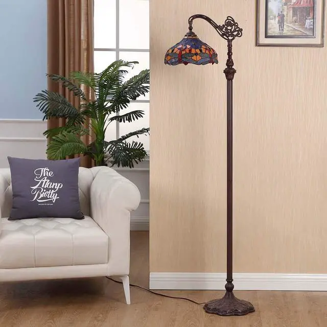 Alt view image 3 of 6 - Bieye L10702 Dragonfly Tiffany Style Stained Glass Floor Reading Lamp with 12 Inch Wide Lampshade Metal Base, Adjustable Light Direction, 62 inch Tall, Blue Orange