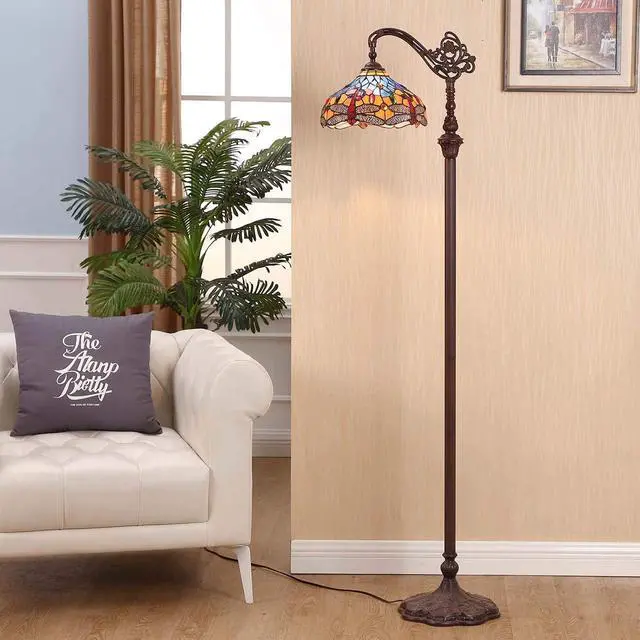 Alt view image 2 of 6 - Bieye L10702 Dragonfly Tiffany Style Stained Glass Floor Reading Lamp with 12 Inch Wide Lampshade Metal Base, Adjustable Light Direction, 62 inch Tall, Blue Orange