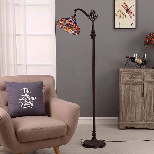 Alt view image 4 of 6 - Bieye L10702 Dragonfly Tiffany Style Stained Glass Floor Reading Lamp with 12 Inch Wide Lampshade Metal Base, Adjustable Light Direction, 62 inch Tall, Blue Orange