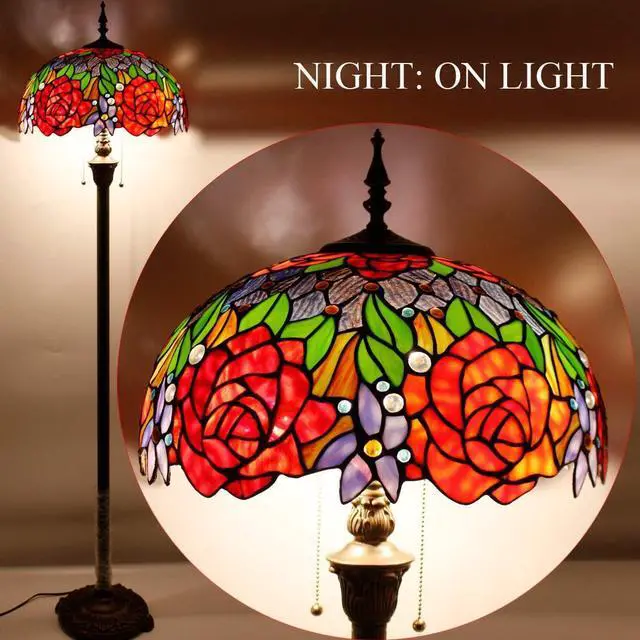 Alt view image 3 of 7 - WERFACTORY Tiffany Floor Lamp Red Yellow Rose Stained Glass Standing Reading Light 16X16X64 Inches Antique Pole Corner Lamp Decor Bedroom Living Room Home Office S001 Series