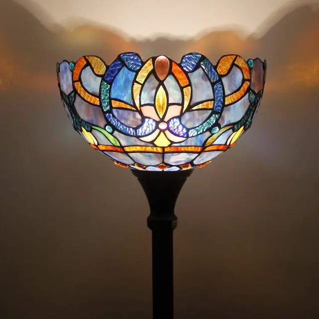 Alt view image 2 of 7 - WERFACTORY Tiffany Floor Lamp Blue Purple Cloud Stained Glass Light 12X12X71 Inches Pole Torchiere Standing Corner Torch Uplight Decor Bedroom Living Room Home Office S558 Series (Blue Purple)