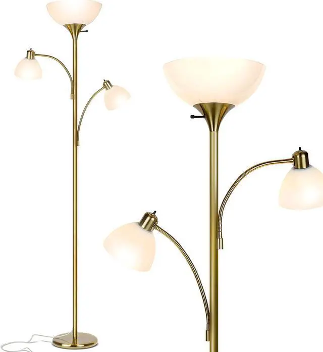 Main image of Brightech Sky Dome Double LED Floor lamp, Torchiere Super Bright Floor Lamp with 2 Reading Lamps for Living Rooms & Offices - Dimmable Tall Standing Lamp for Bedroom Reading - Tall Brass Pole
