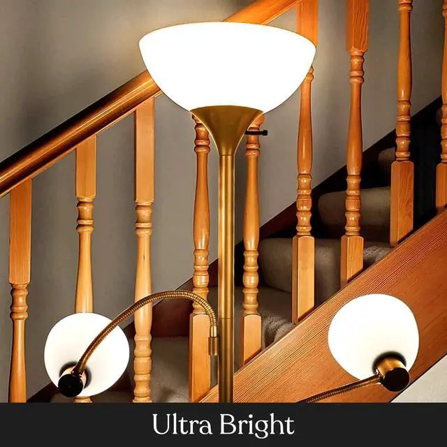 Alt view image 5 of 7 - Brightech Sky Dome Double LED Floor lamp, Torchiere Super Bright Floor Lamp with 2 Reading Lamps for Living Rooms & Offices - Dimmable Tall Standing Lamp for Bedroom Reading - Tall Brass Pole