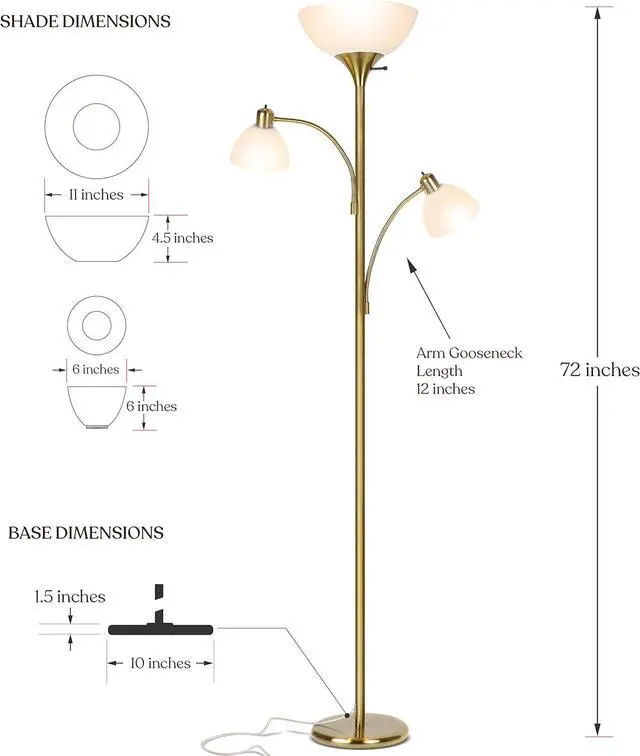 Alt view image 7 of 7 - Brightech Sky Dome Double LED Floor lamp, Torchiere Super Bright Floor Lamp with 2 Reading Lamps for Living Rooms & Offices - Dimmable Tall Standing Lamp for Bedroom Reading - Tall Brass Pole