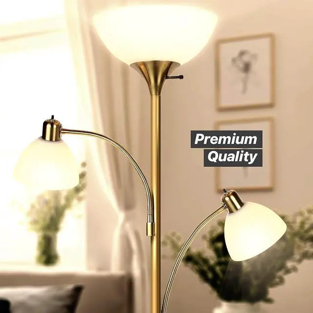 Alt view image 2 of 7 - Brightech Sky Dome Double LED Floor lamp, Torchiere Super Bright Floor Lamp with 2 Reading Lamps for Living Rooms & Offices - Dimmable Tall Standing Lamp for Bedroom Reading - Tall Brass Pole