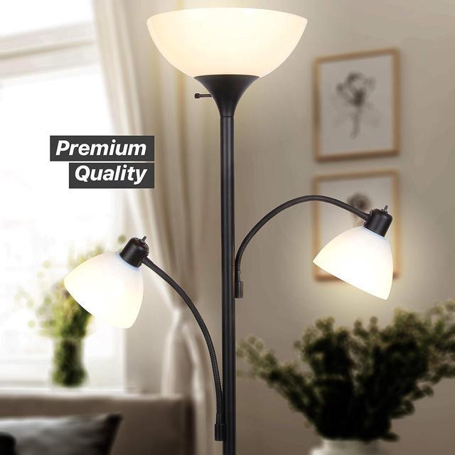 Alt view image 2 of 7 - Brightech Sky Dome Double LED Floor lamp, Torchiere Super Bright Floor Lamp with 2 Reading Lamps for Living Rooms & Offices - Dimmable Tall Standing Lamp for Bedroom Reading - Tall Black Pole