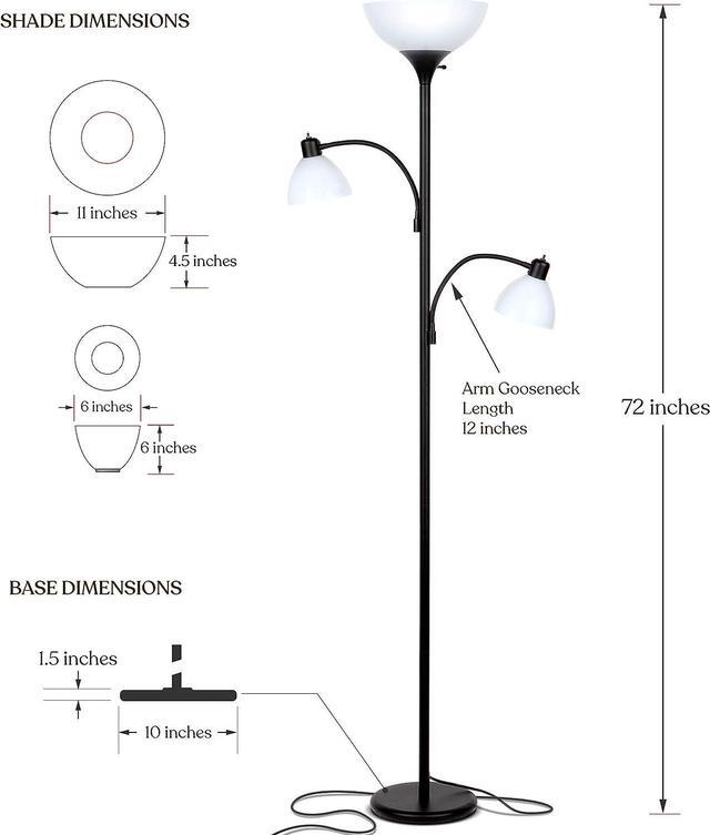Alt view image 6 of 7 - Brightech Sky Dome Double LED Floor lamp, Torchiere Super Bright Floor Lamp with 2 Reading Lamps for Living Rooms & Offices - Dimmable Tall Standing Lamp for Bedroom Reading - Tall Black Pole