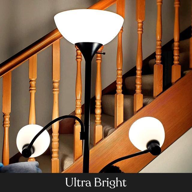 Alt view image 4 of 7 - Brightech Sky Dome Double LED Floor lamp, Torchiere Super Bright Floor Lamp with 2 Reading Lamps for Living Rooms & Offices - Dimmable Tall Standing Lamp for Bedroom Reading - Tall Black Pole