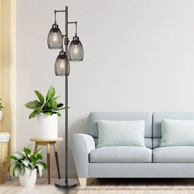 Alt view image 7 of 7 - 68 Dimmable Floor Lamp, 3 x 800LM LED Edison Bulbs Included, Industrial Floor Lamps for Living Room, Rustic Tall Lamps Standing Lamp for Bedrooms Living Room
