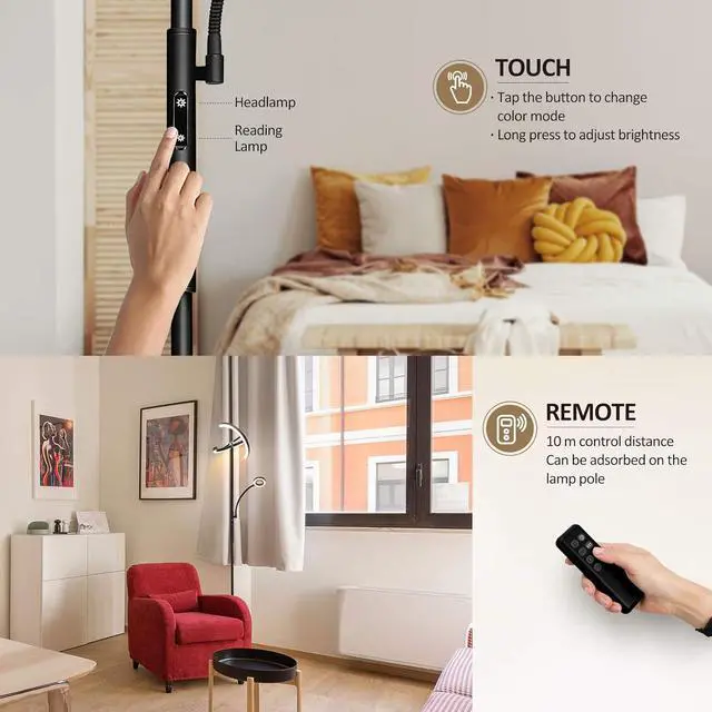 Alt view image 5 of 7 - FIMEI Split Floor Lamp Modern LED Rotatable Floor Lamp with Reading Light, Eye-Protection Reading Standing Lamp with Stepless Dimming and 3000K-6000K Color, Separately Rotatable Design, Black