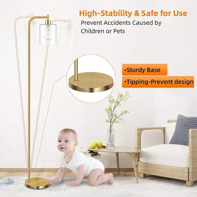 Alt view image 4 of 7 - Industrial Floor Lamp with Hanging Glass Shade Brass Gold Farmhouse Indoor Pole Light with Edison E26 Base Vintage Rustic Standing Tall Lighting for Living Room Bedroom Office(ST64 Bulb Included)