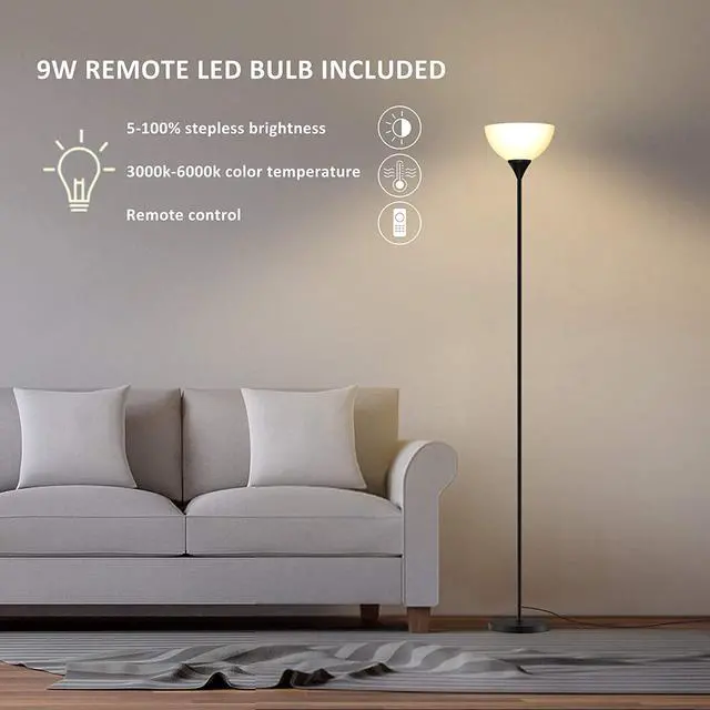 Alt view image 3 of 7 - PESRAE Floor Lamp, Remote Control with Stpeless Color Temperatures and Brightness, Torchiere lamp for Bedroom, Living Room, Bulb Included (Matte Black)