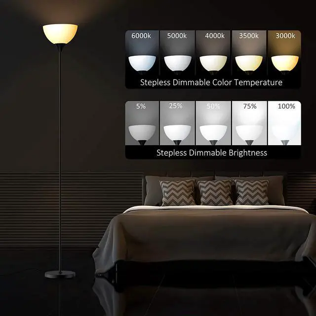 Alt view image 5 of 7 - PESRAE Floor Lamp, Remote Control with Stpeless Color Temperatures and Brightness, Torchiere lamp for Bedroom, Living Room, Bulb Included (Matte Black)