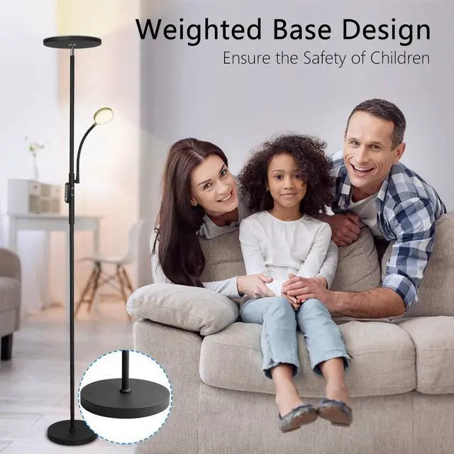 Alt view image 3 of 6 - Led Floor Lamp Torchiere Floor Lamp with Adjustable Reading Lamp,2000lumens Main Light and 400lumens Side Reading Light for Living Room, Bedroom, Office, Work with Remote Control, Matte Black