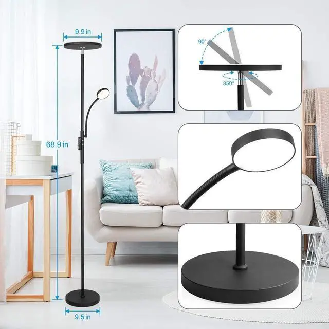 Alt view image 5 of 6 - Led Floor Lamp Torchiere Floor Lamp with Adjustable Reading Lamp,2000lumens Main Light and 400lumens Side Reading Light for Living Room, Bedroom, Office, Work with Remote Control, Matte Black