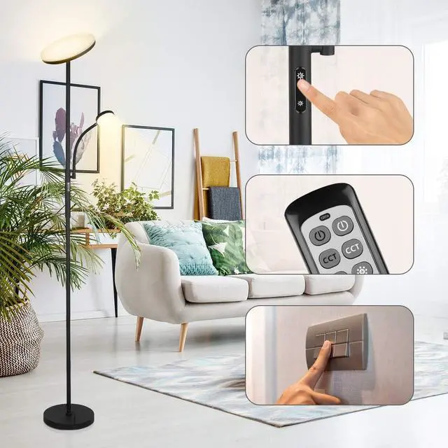 Alt view image 4 of 6 - Led Floor Lamp Torchiere Floor Lamp with Adjustable Reading Lamp,2000lumens Main Light and 400lumens Side Reading Light for Living Room, Bedroom, Office, Work with Remote Control, Matte Black