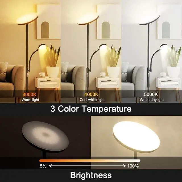 Alt view image 6 of 6 - Led Floor Lamp Torchiere Floor Lamp with Adjustable Reading Lamp,2000lumens Main Light and 400lumens Side Reading Light for Living Room, Bedroom, Office, Work with Remote Control, Matte Black