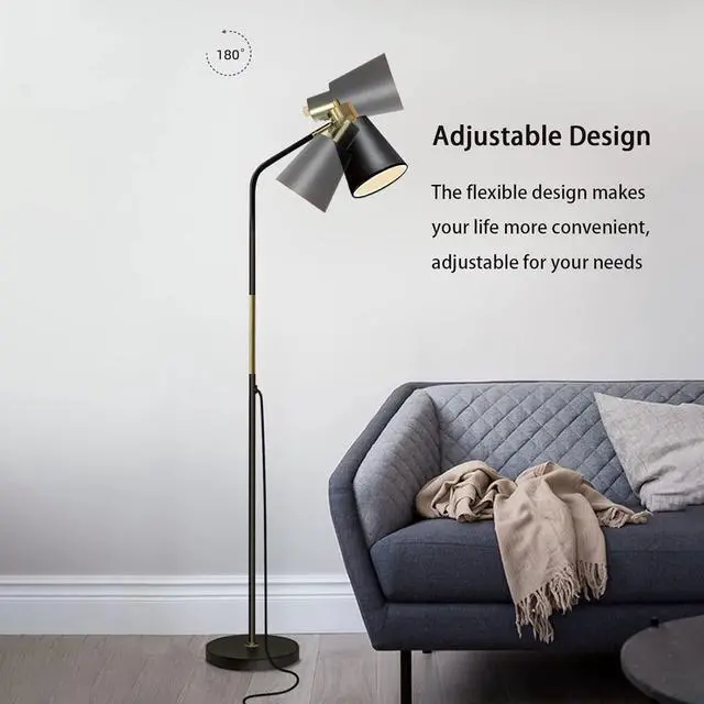 Alt view image 5 of 7 - Floor Lamp, Industrial Floor Lamps for Living Rooms Rustic Farmhouse Reading Standing Floor Lamp Adjustable Metal Heads Indoor Task Lighting for Living Room Bedroom Office Home Décor (Black)