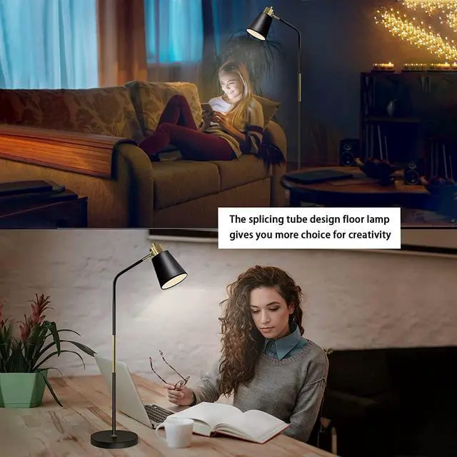 Alt view image 4 of 7 - Floor Lamp, Industrial Floor Lamps for Living Rooms Rustic Farmhouse Reading Standing Floor Lamp Adjustable Metal Heads Indoor Task Lighting for Living Room Bedroom Office Home Décor (Black)