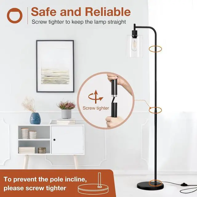 Alt view image 5 of 7 - addlon Floor Lamps for Living Room Bright Lighting with Glass lampshade, Modern Bright Floor Lamp with LED Bulbs Industrial Standing lamp for beroom, Tall Pole Lamps Office - Black
