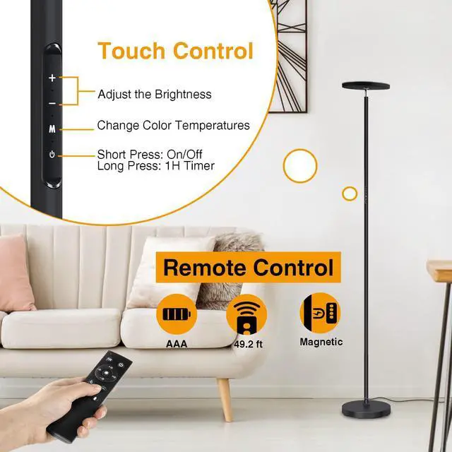 Alt view image 3 of 7 - OUTON Floor Lamp, 30W/3000LM LED Modern Torchiere Sky Lamp, Super Bright Dimmable Standing Tall Lamp with 4 Color Temperatures, Remote Touch Control, 1 Hour Timer for Living Room Bedroom Office, Black