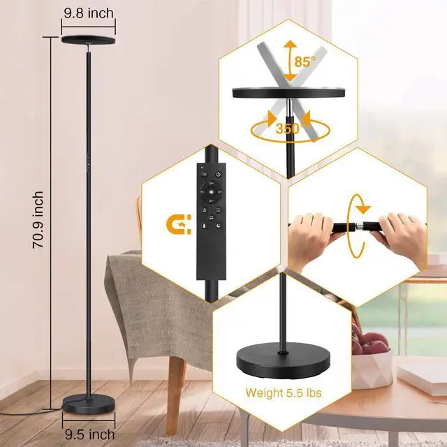 Alt view image 7 of 7 - OUTON Floor Lamp, 30W/3000LM LED Modern Torchiere Sky Lamp, Super Bright Dimmable Standing Tall Lamp with 4 Color Temperatures, Remote Touch Control, 1 Hour Timer for Living Room Bedroom Office, Black