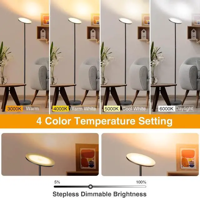 Alt view image 2 of 7 - OUTON Floor Lamp, 30W/3000LM LED Modern Torchiere Sky Lamp, Super Bright Dimmable Standing Tall Lamp with 4 Color Temperatures, Remote Touch Control, 1 Hour Timer for Living Room Bedroom Office, Black