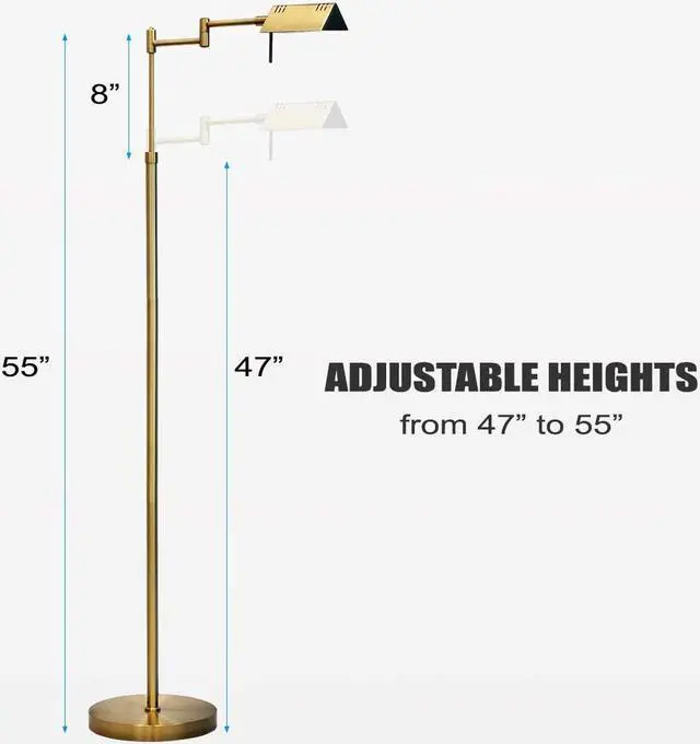 Alt view image 6 of 7 - OBright Dimmable LED Pharmacy Floor Lamp, 12W LED, Full Range Dimming, 360 Degree Swing Arms, Adjustable Heights, Standing Lamp for Reading, Sewing, and Craft, ETL Listed, Antique Brass (Gold)