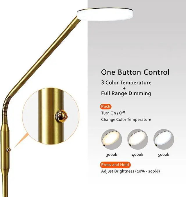 Alt view image 3 of 7 - OBright Moon - Dimmable LED Floor Lamp, Adjustable Color Temperature for Bedside Reading, Work Light, Art/Crafting Light, Sewing, 360° Flexible Gooseneck, Rotatable Lighting, Antique Brass