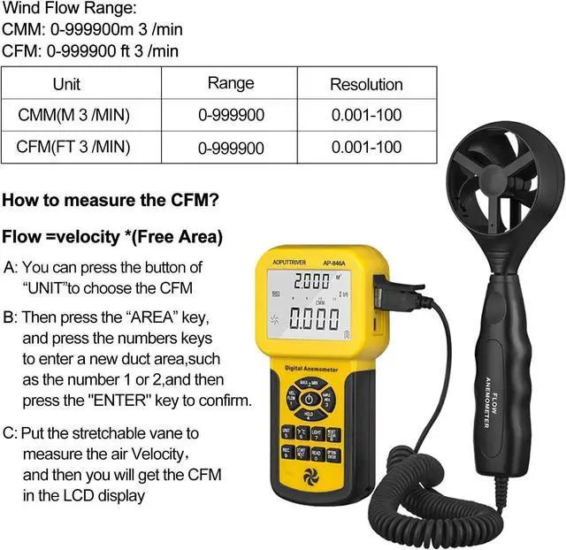 Alt view image 6 of 7 - Anemometer Handheld CFM Pro HVAC Anemometer AP-846A Wind Speed Meter with Backlight Max/Min/Avg Functions for Measuring Wind Speed Air Velocity HVAC Air Flow Meter