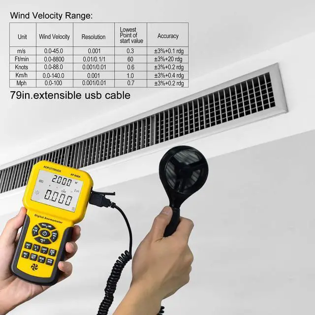 Alt view image 3 of 7 - Anemometer Handheld CFM Pro HVAC Anemometer AP-846A Wind Speed Meter with Backlight Max/Min/Avg Functions for Measuring Wind Speed Air Velocity HVAC Air Flow Meter