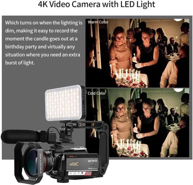 Alt view image 2 of 7 - 4K Video Camera Camcorder AC5 UHD Camcorder with 12x Optical Zoom 3.1" IPS HD 1080P 60FPS Digital WiFi Vlog Camera Camcorder with Microphone, Video Light, Wide Angle Lens and 64G SD Card