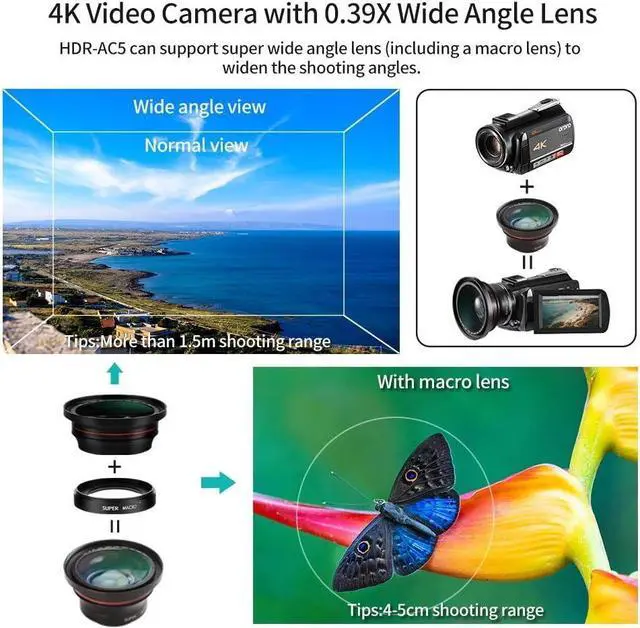 Alt view image 4 of 7 - 4K Video Camera Camcorder AC5 UHD Camcorder with 12x Optical Zoom 3.1" IPS HD 1080P 60FPS Digital WiFi Vlog Camera Camcorder with Microphone, Video Light, Wide Angle Lens and 64G SD Card